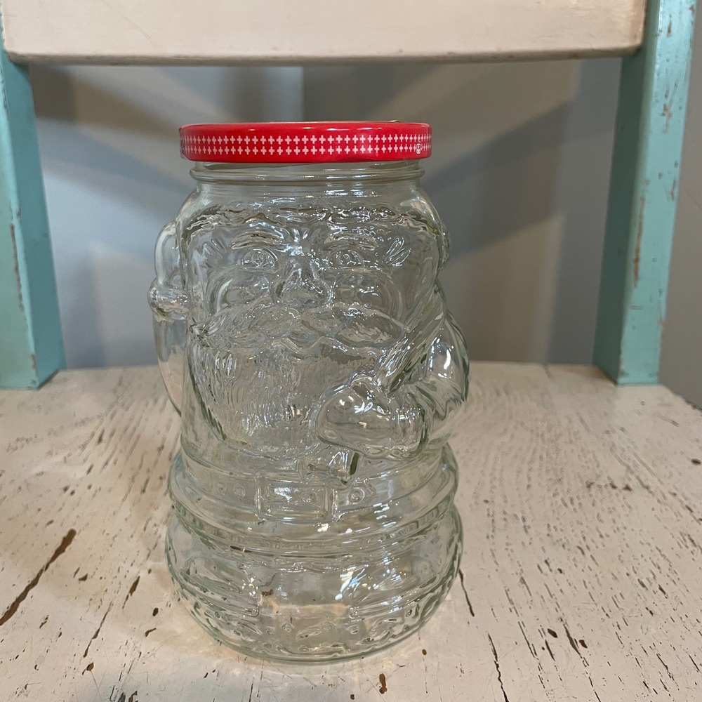 Vintage 1992 Kraft Grape Jelly Santa Jar 32 oz Clear‎ Embossed Glass Christmas
